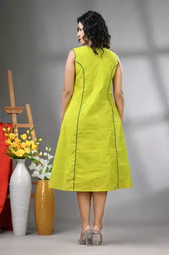 Lime green cotton solid a-line ethnic dress