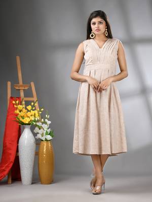 Beige cotton fit & flared midi dress 1