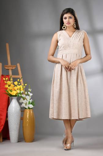 Beige cotton fit & flared midi dress