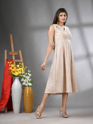 Beige cotton fit & flared midi dress 2