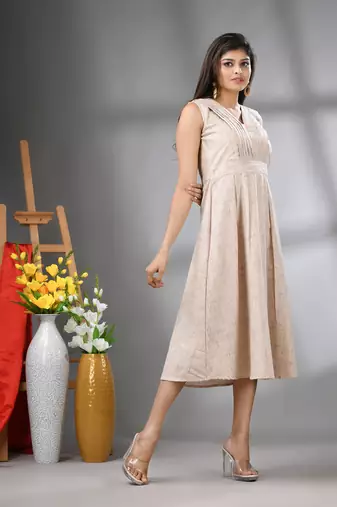 Beige cotton fit & flared midi dress