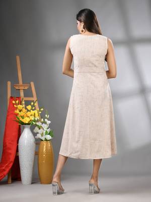 Beige cotton fit & flared midi dress 3