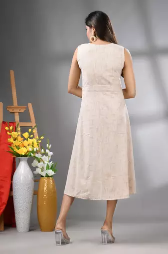 Beige cotton fit & flared midi dress