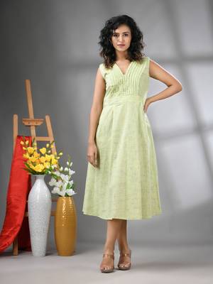 Light green cotton fit & flared midi dress 1