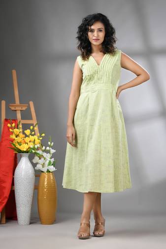 Light green cotton fit & flared midi dress
