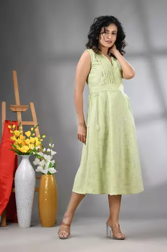 Light green cotton fit & flared midi dress