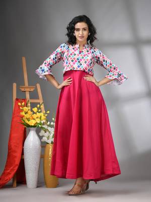 Fuchsia cotton solid gown with printed cropped jacket 1