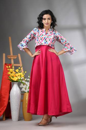 Fuchsia cotton solid gown with printed cropped jacket