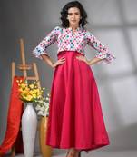 Fuchsia cotton solid gown with printed cropped jacket