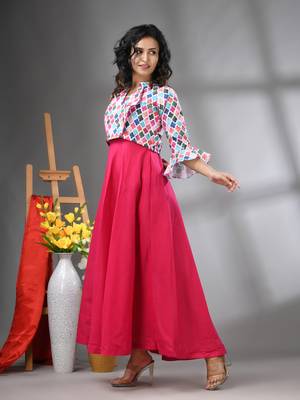 Fuchsia cotton solid gown with printed cropped jacket 2