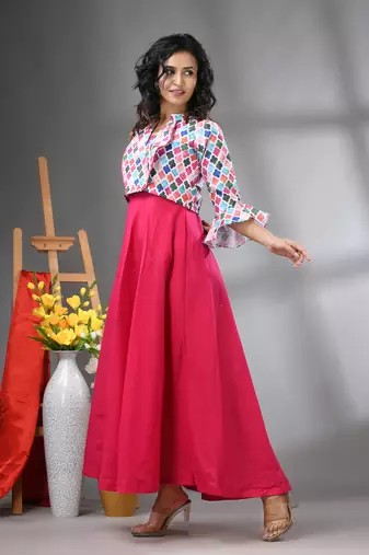 Fuchsia cotton solid gown with printed cropped jacket