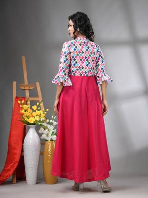 Fuchsia cotton solid gown with printed cropped jacket 3