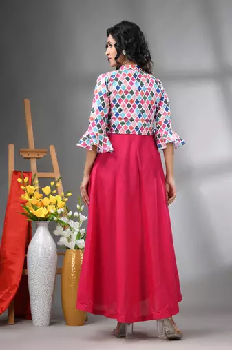 Fuchsia cotton solid gown with printed cropped jacket