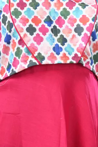 Fuchsia cotton solid gown with printed cropped jacket