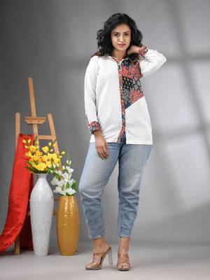 Off white solid cotton shirt with ajrat patchwork 1