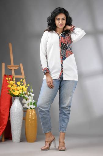 Off white solid cotton shirt with ajrat patchwork