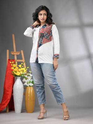 Off white solid cotton shirt with ajrat patchwork 2