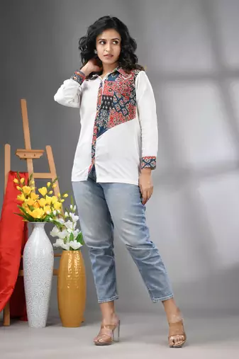 Off white solid cotton shirt with ajrat patchwork