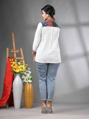 Off white solid cotton shirt with ajrat patchwork 3