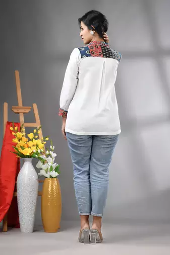 Off white solid cotton shirt with ajrat patchwork