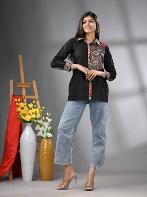 Black solid cotton shirt with ajrat patchwork 1