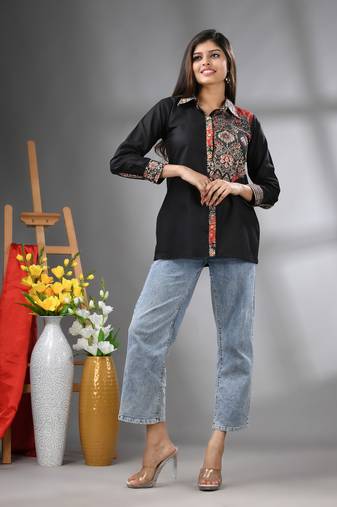 Black solid cotton shirt with ajrat patchwork