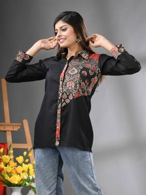 Black solid cotton shirt with ajrat patchwork 2