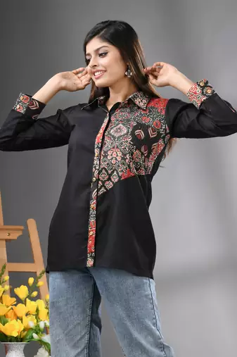 Black solid cotton shirt with ajrat patchwork