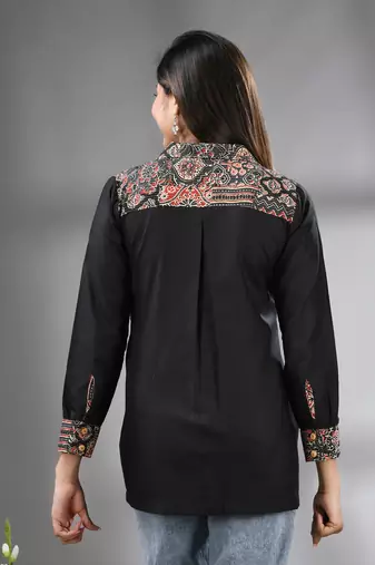 Black solid cotton shirt with ajrat patchwork