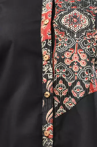 Black solid cotton shirt with ajrat patchwork