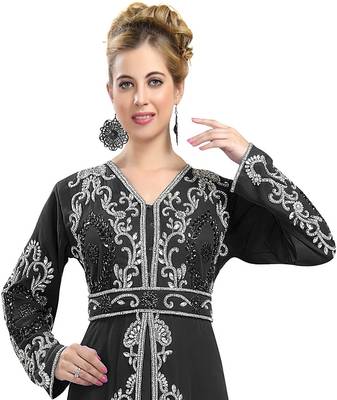 Black color full sleeves Handmade Moroccan Kaftan with Sun-proof hijab 2