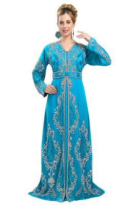 Cyan color full sleeves Handmade Moroccan Kaftan with Sun-proof hiijab 1