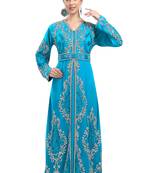 Cyan color luxurious full sleeves Handmade Moroccan Kaftan with Sun-proof hiijab.