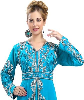 Cyan color full sleeves Handmade Moroccan Kaftan with Sun-proof hiijab 2