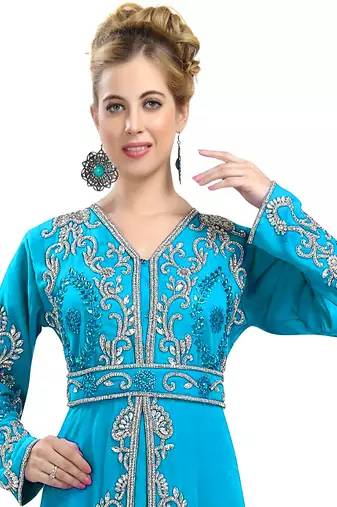 Cyan color full sleeves Handmade Moroccan Kaftan with Sun-proof hiijab