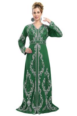 Dark Green color full sleeves Handmade Moroccan Kaftan with Sun-proof hiijab 1
