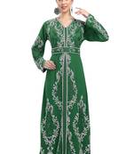 Dark Green color luxurious full sleeves Handmade Moroccan Kaftan with Sun-proof hiijab.