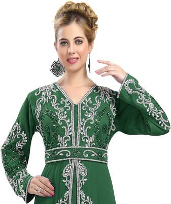 Dark Green color full sleeves Handmade Moroccan Kaftan with Sun-proof hiijab 2