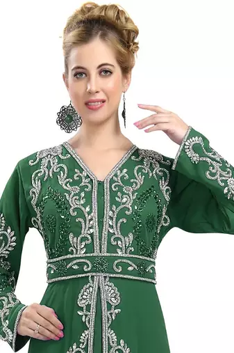 Dark Green color full sleeves Handmade Moroccan Kaftan with Sun-proof hiijab