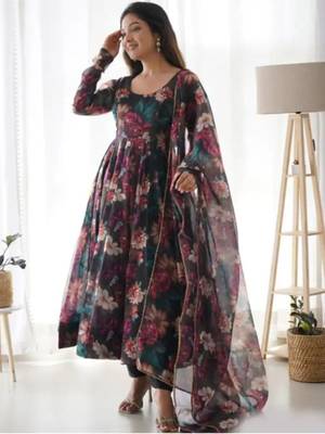 Women's Calf Length Flared Georgette Anarkali With Printed Dupatta (K104) 1