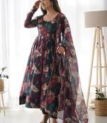 Women's Calf Length Flared Georgette Anarkali With Printed Dupatta (K104)