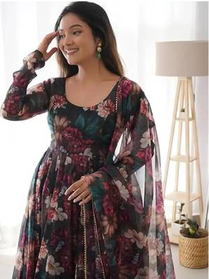 Women's Calf Length Flared Georgette Anarkali With Printed Dupatta (K104) 3