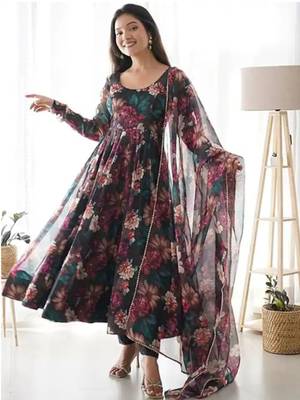 Women's Calf Length Flared Georgette Anarkali With Printed Dupatta (K104) 4
