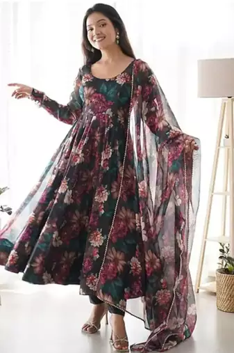 Women's Calf Length Flared Georgette Anarkali With Printed Dupatta (K104)