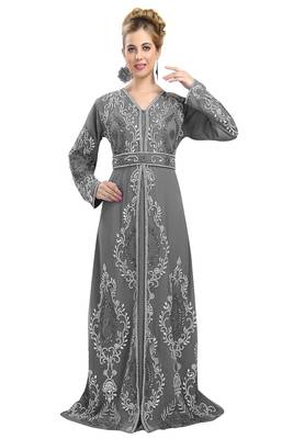 Grey color full sleeves Handmade Moroccan Kaftan with Sun-proof hiijab 1