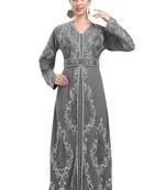 Grey color luxurious full sleeves Handmade Moroccan Kaftan with Sun-proof hiijab.