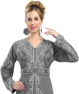 Grey color full sleeves Handmade Moroccan Kaftan with Sun-proof hiijab 2