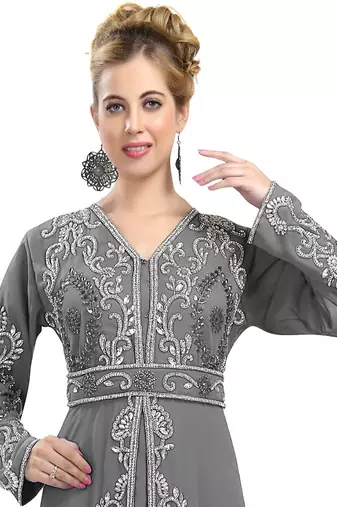 Grey color full sleeves Handmade Moroccan Kaftan with Sun-proof hiijab