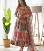 Women's Calf Length Floral Printed Flared Georgette Anarkali With Printed Dupatta (K108)