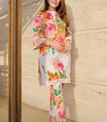 Women's Knee Length Mandarin Collar Cuffed Sleeves Floral Printed Co-ords Set (K111)